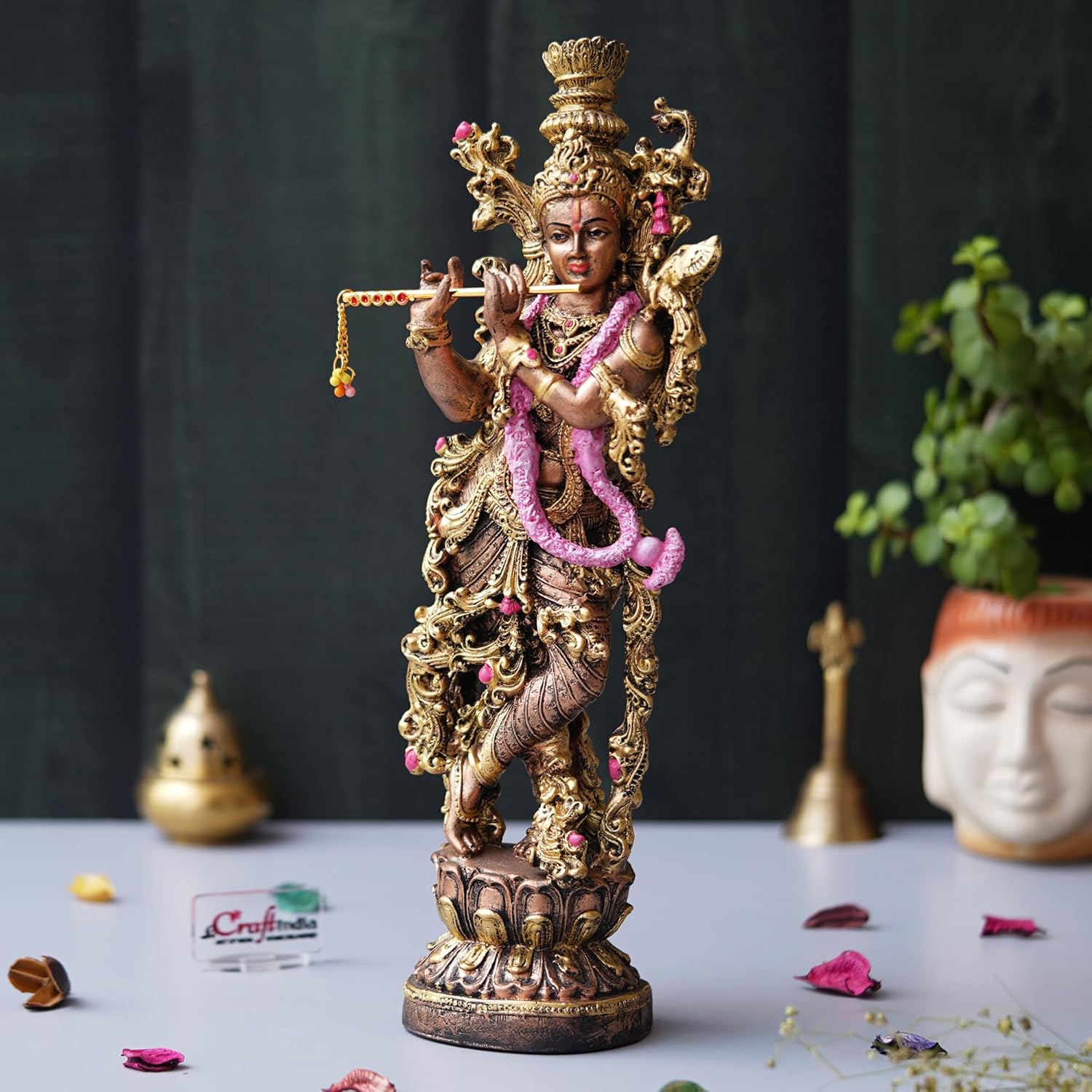 Ecraftindia Golden Standing Lord Krishna Idol Playing Flute Statue for Home