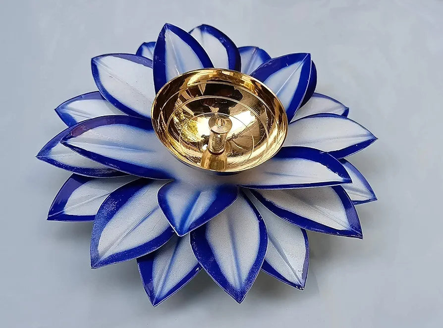 Lotus Kamal Diya Brass Diyas Oil Lamp Stand Blue & White