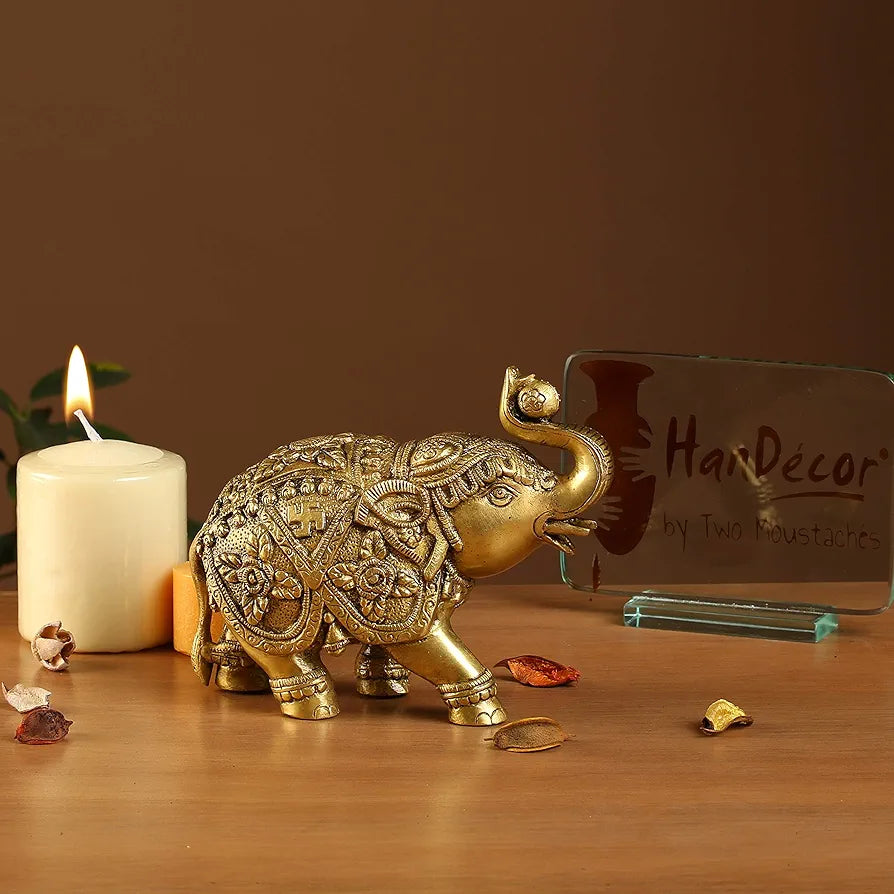 Two Moustaches Om and Swastika Carving Brass 7 Inches Elephant Showpiece