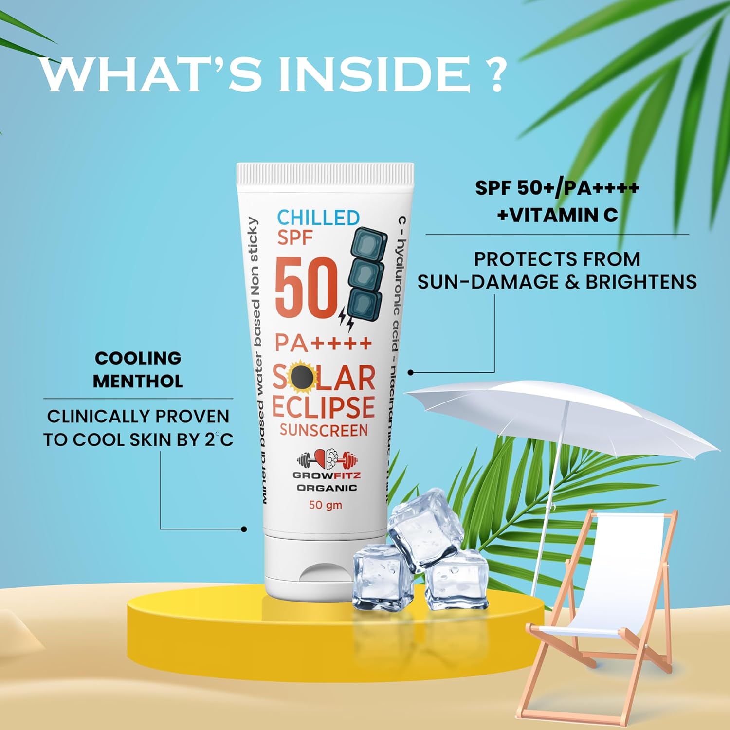 Growfitz Unisex Multivitamin SPF 50 PA+++ Sunscreen | For Dry, Sensitive, Oily & Combination Skin | Lightweight, No White Cast | Mineral & Water Based | Natural Mint | No Harmful Chemicals (50g)