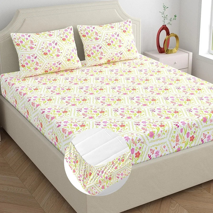 Dreamscape Cotton King Fitted Bedsheet with 2 Pillow Covers Blush Taffy