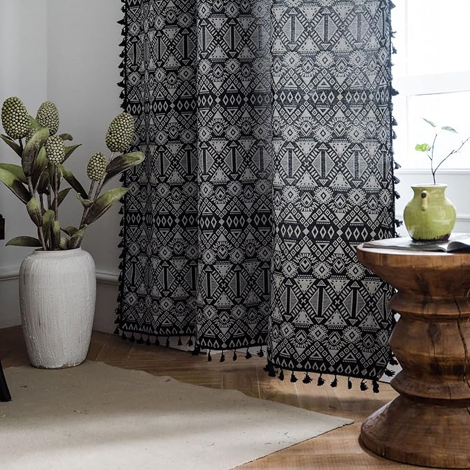 Huesland Cotton Curtains for Windows, 5 Feet Long 1 Bohemian Eyelet Curtain | Geometric Black