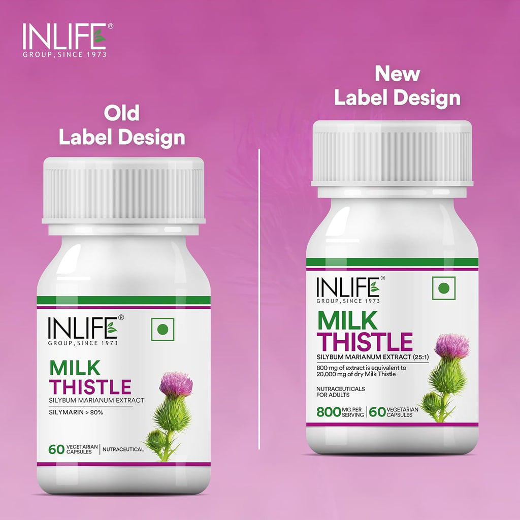 INLIFE Milk Thistle Extract 800mg > 80% Silymarin | Helps in Liver Support, 60 Vegetarian Capsules (Pack of 1, 60)