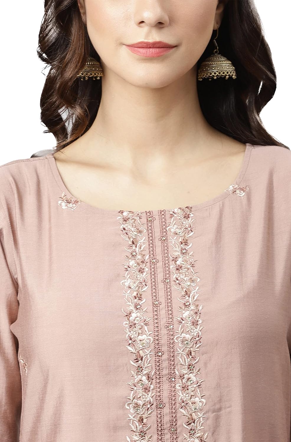 Janasya Women's Dusty Rose Viscose Blend Embroidered Kurta with Pant