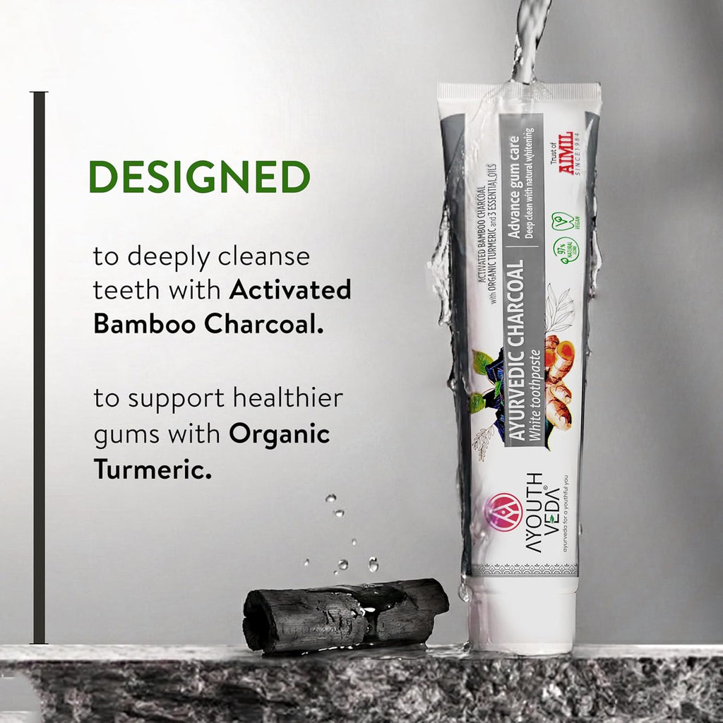 Ayouthveda Ayurvedic Charcoal White Toothpaste | Activated Bamboo Charcoal & Turmeric | Advanced Deep Cleaning | Natural Whitening | Anti-Bacterial Gum Protection & Fresh Breath | 100g (Pack of 1)