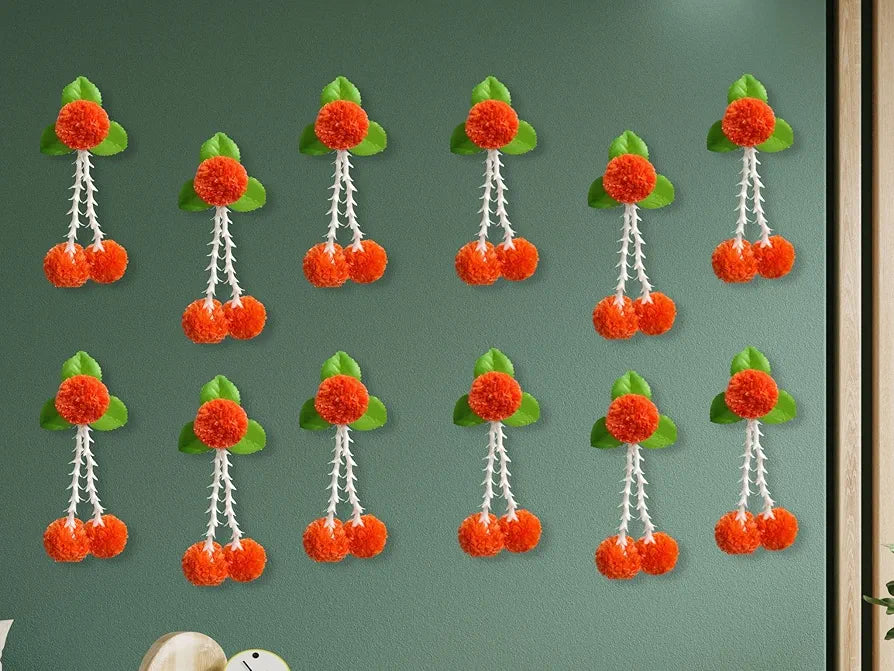 Artificial Flowers and Leaves Decoration Pack of 12 - Orange & Green