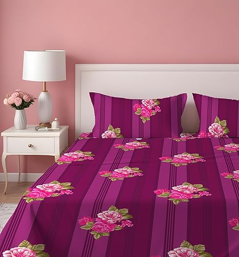 Dreamlet Presents Luxurious Supersoft Cotton Feel 210tc King Size Elastic Fitted Double Bedsheets With 2 Pillow Covers | Purple Color