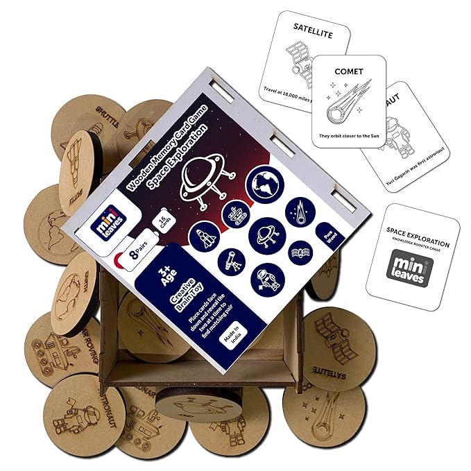 Mini Leaves Wooden Memory Card Space Exploration Puzzle Set With Wooden Box | Pattern, Color Matching Toy in 8 Pairs
