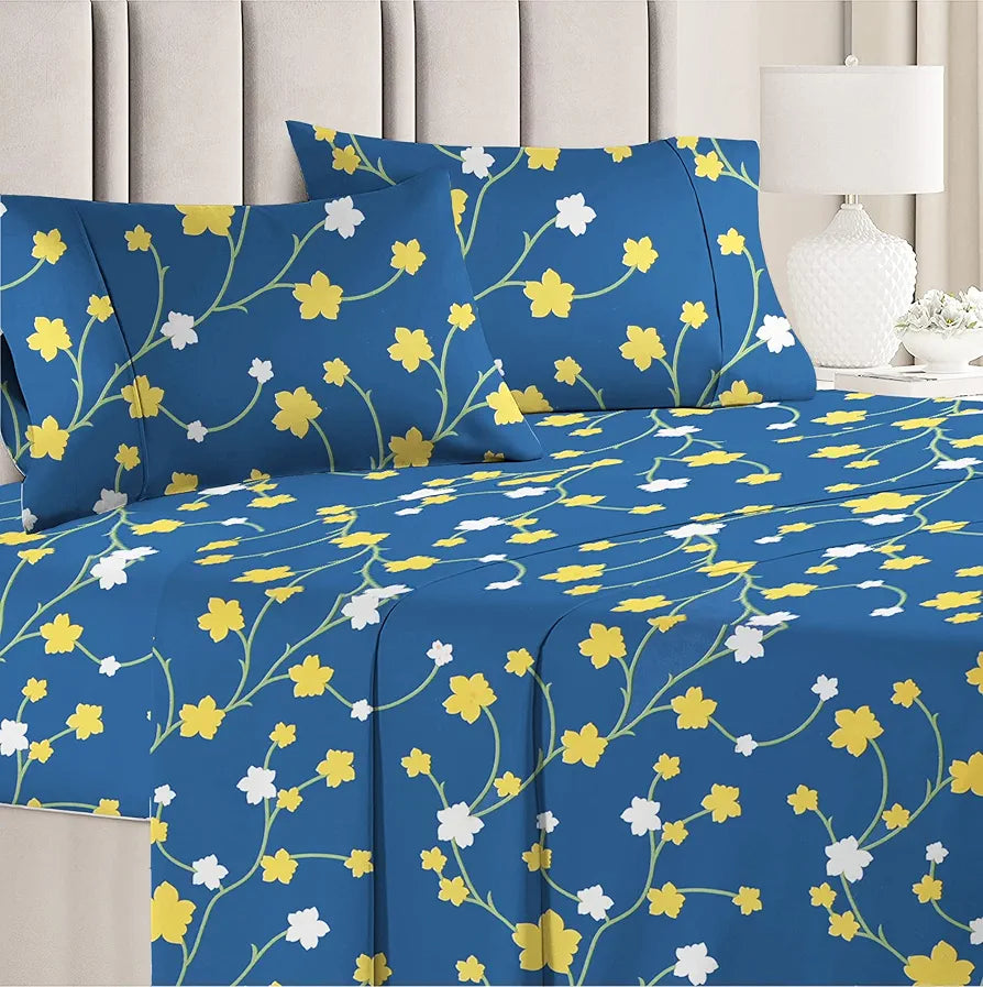 HomeKart Microfiber bedsheet for Double Bed with 2 Pillow Covers Breathable and Soft Touch 144 TC Pattren Floral Blue and Yellow TC - 144 Floral Blue and Yellow