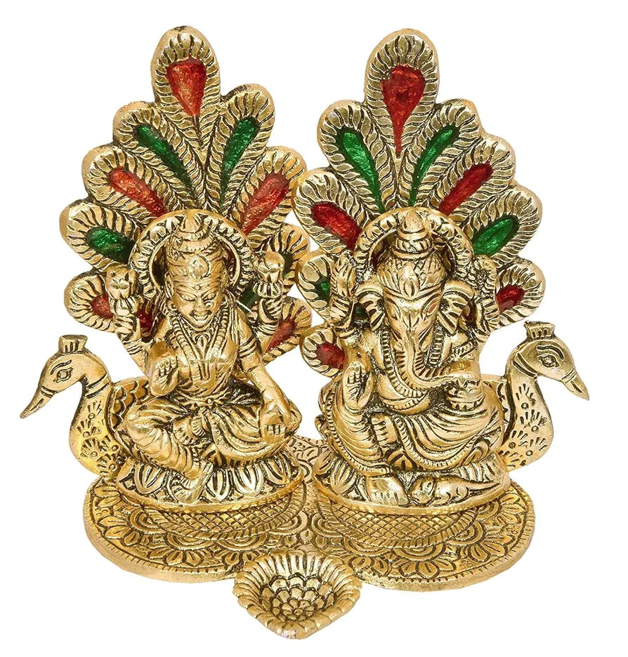 Chhariya Crafts Laxmi Ganesh Idol Statue with Diya Peacock Design Decorative Showpiece for Home and Office Decor Gift Item - 14 cm