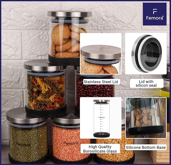 Femora Storage Jars Borosilicate Glass With Silicon Bottom Air Tight Jar With Steel Lid | 900 Ml