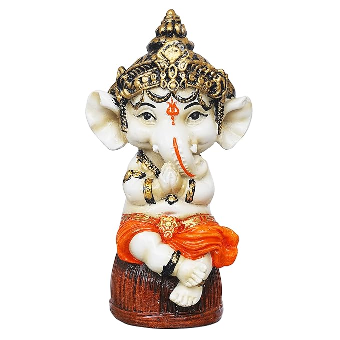 Ecraftindia Orange Polyresin Handcrafted Lord Ganesha Idol Sitting on Rock | God Idol