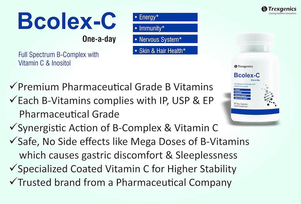 Trexgenics Bcolex-C One-A-Day Complete B-Complex With B12-Vit.C-Inositol 100Mg, Energy, Immunity & Nervous System (60 Veg. Caps)
