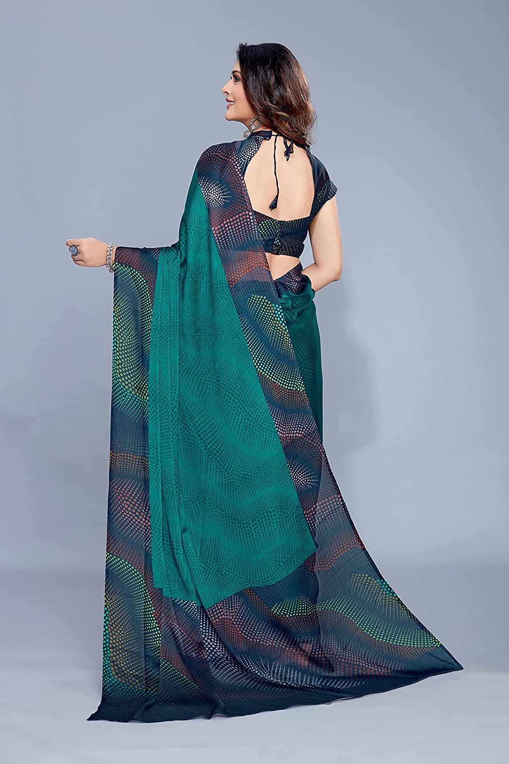 Mirchi Fashion Women's Teal Chiffon Colorful Moire Prints Saree