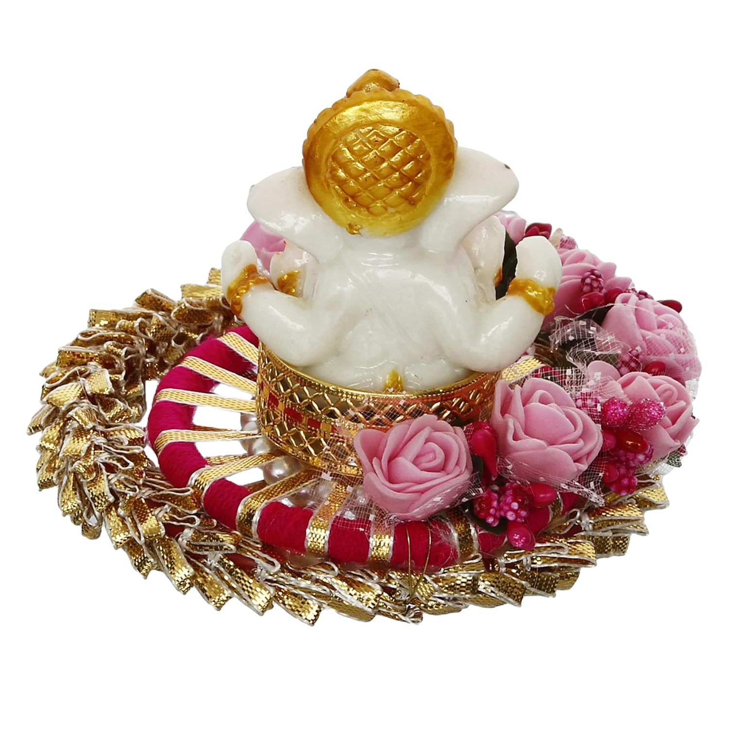 Ecraftindia Polyresin Lord Ganesha Idol on Pink Floral Handcrafted Plate | Exquisite Hindu God Figurine