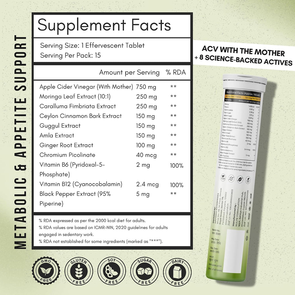 ANUPURAK ACV Effervescent Tablets — 750mg Apple Cider Vinegar with Mother | 11 Actives with Caralluma, Moringa & Ceylon Cinnamon | Appetite, Digestive & Metabolic Balance | Green Apple | 15 Tablets (Pack 1)