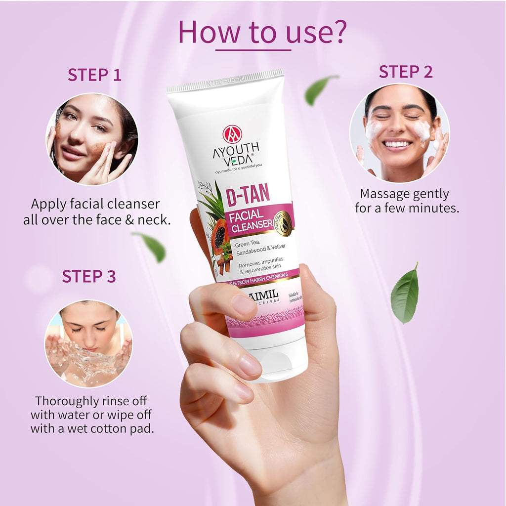 Ayouthveda D-Tan Facial Cleanser for Tan Removal & Skin Brightening | Helps Clean Dirt & Impurities | Enriched with Papaya, Lemon, Aloe Vera & Cucumber | Net Qty.- 100g
