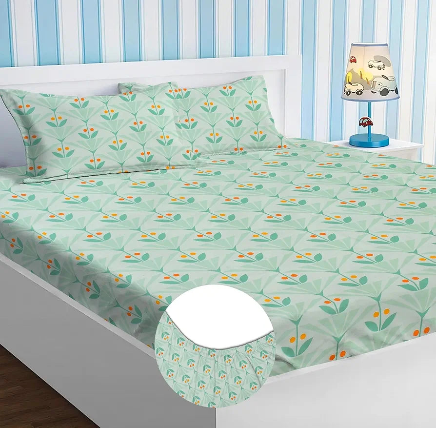 Homekart Premium Cotton Elastic Fitted Bedsheets with 2 King Size Pillow Covers Double Bed Flower Print Light Green Orange 200 tc - 220 tc