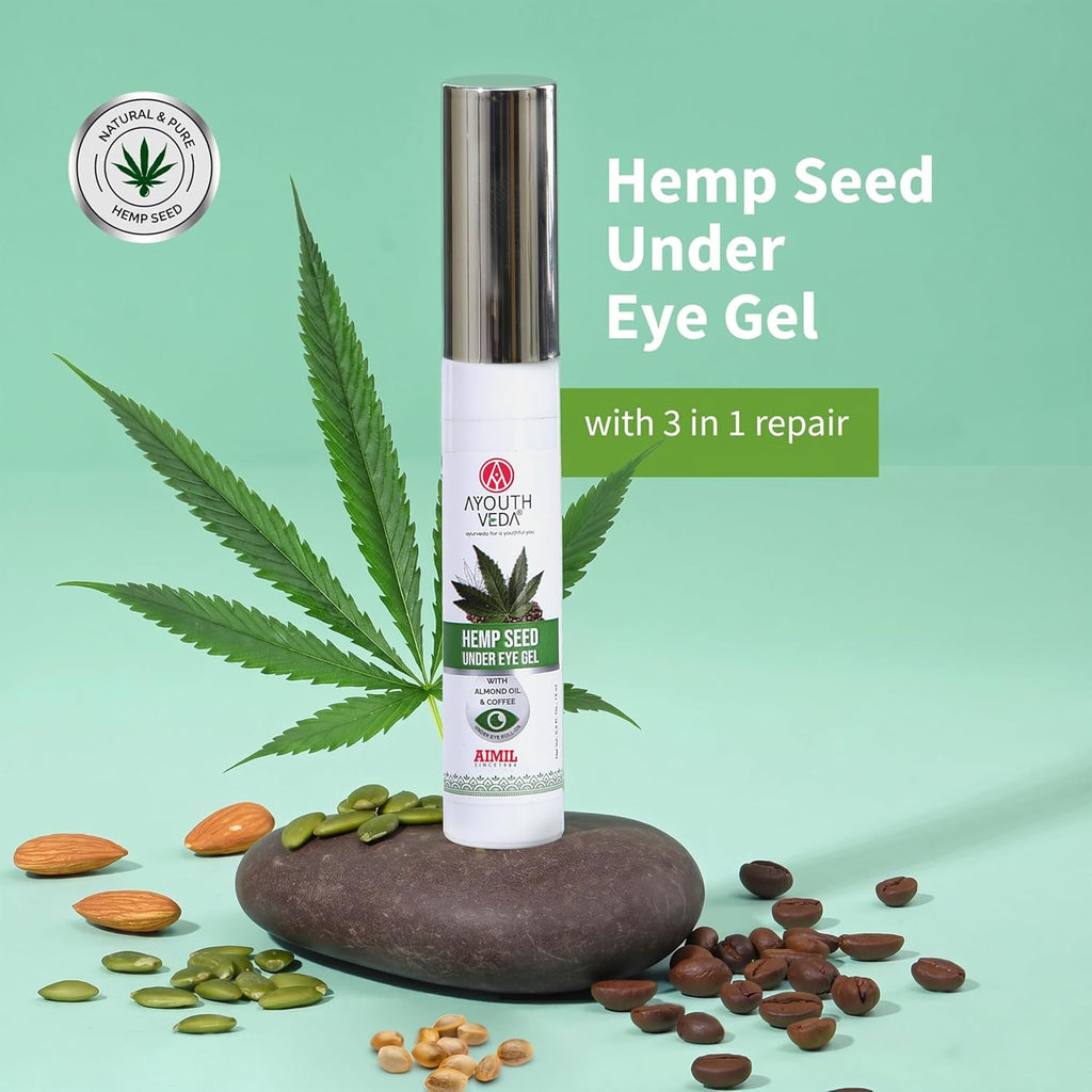 Ayouthveda Hemp Seed Under Eye Gel with Cooling Massage Roller|For Puffy Eyes, Dark Circles, Wrinkles & Fine Lines|With Hemp Seed Oil, Almond oil & Coffee| (Pack of 1;15ml)