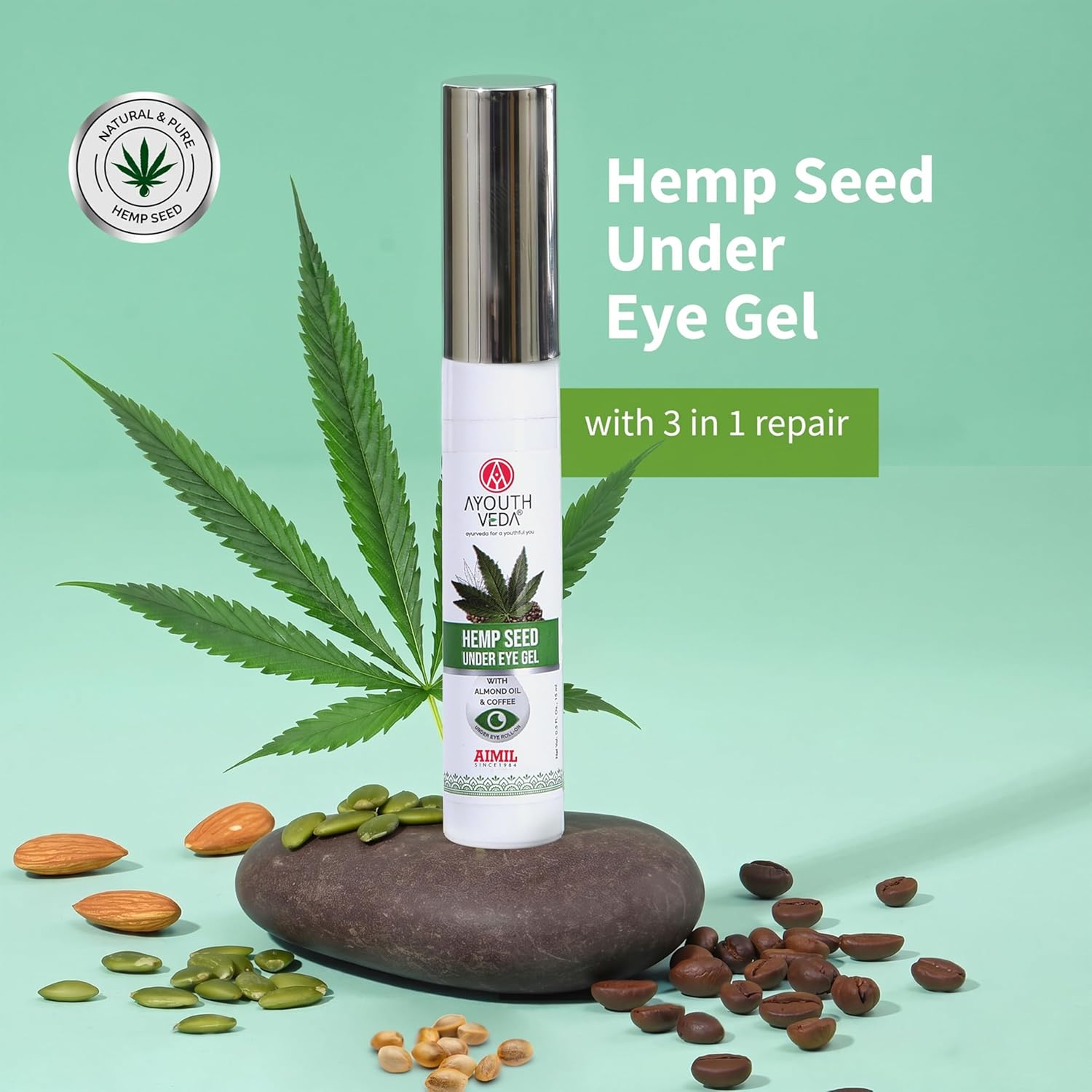 Ayouthveda Hemp Seed Under Eye Gel with Cooling Massage Roller|For Puffy Eyes, Dark Circles, Wrinkles & Fine Lines|With Hemp Seed Oil, Almond oil & Coffee| (Pack of 1;15ml)