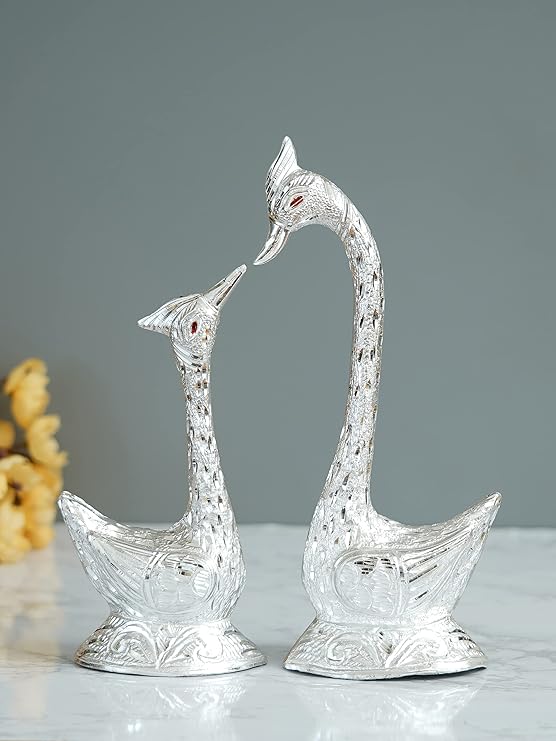 Ecraftindia 12 Inch Silver Kissing Swan Couple Handcrafted Decorative Figurine