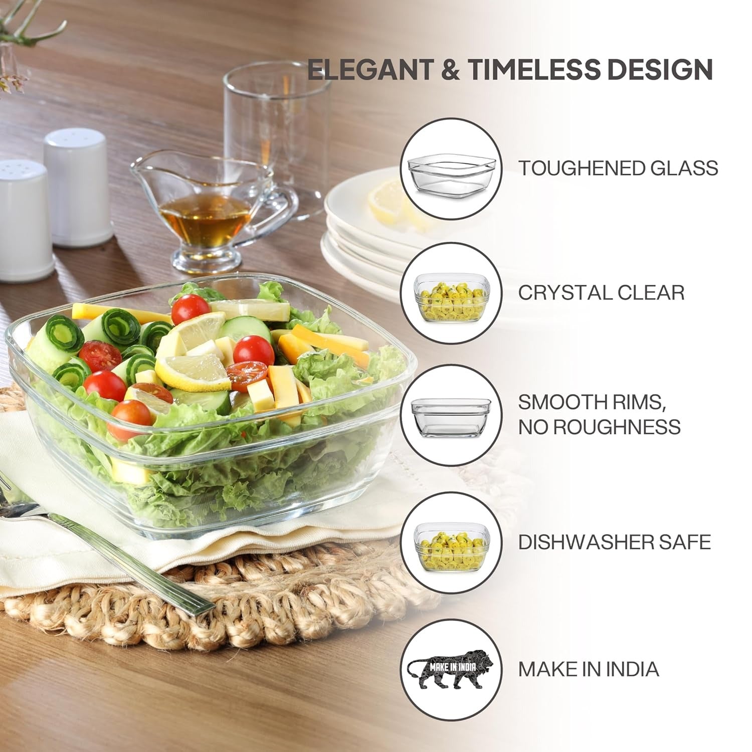 Cello Nadir Square Serving Glass Bowl for Kitchen 1100 ml