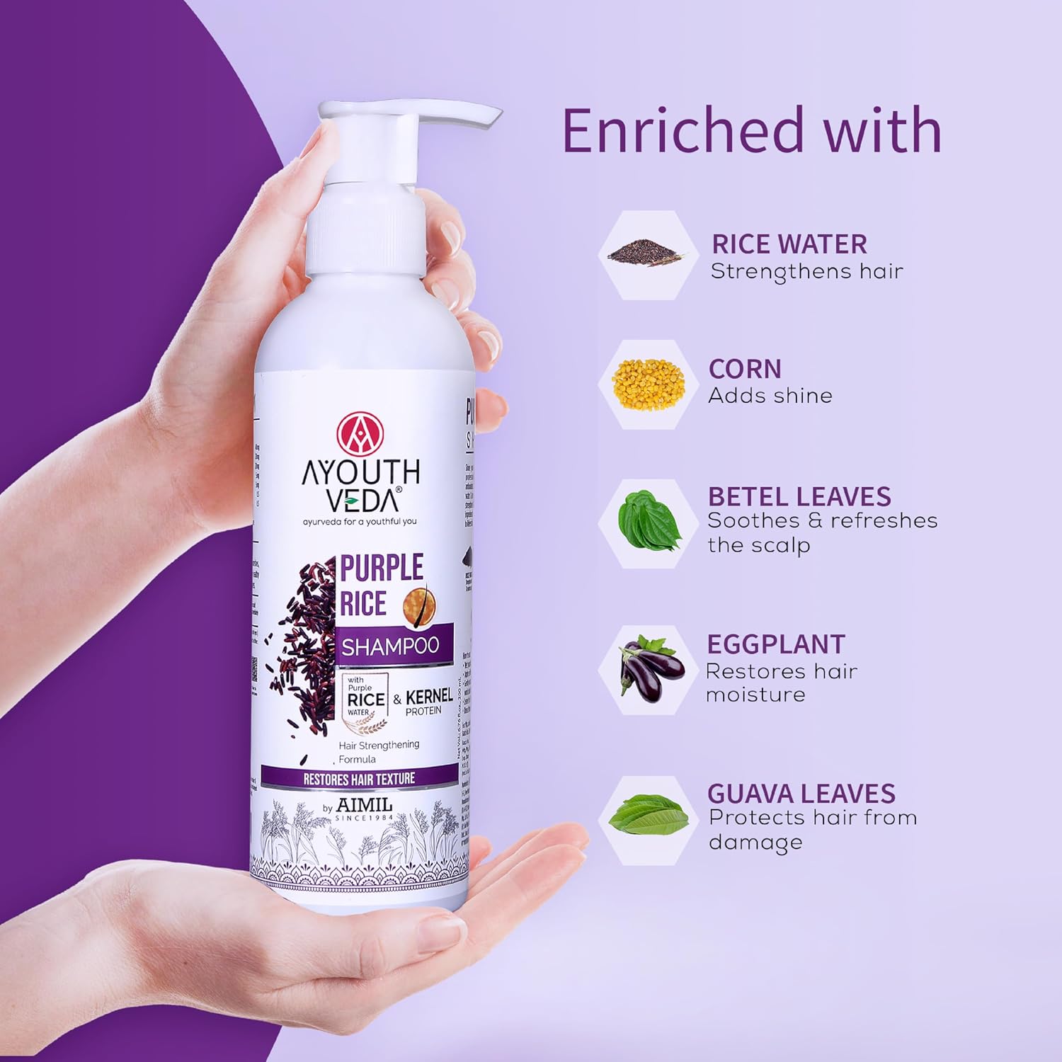 Ayouthveda Purple Rice Water & Kernel Protein Shampoo | With the Goodness of Betel Leaves & Guava Leaves | For Damage & Frizzy Hair | Helps To Restore Hair Texture (Pack of 1; 200ml)