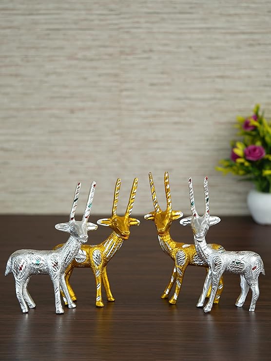 Ecraftindia Set of 4 Engraved Golder and Silver Deer Pair Handcrafted Decorative Metal Figurine