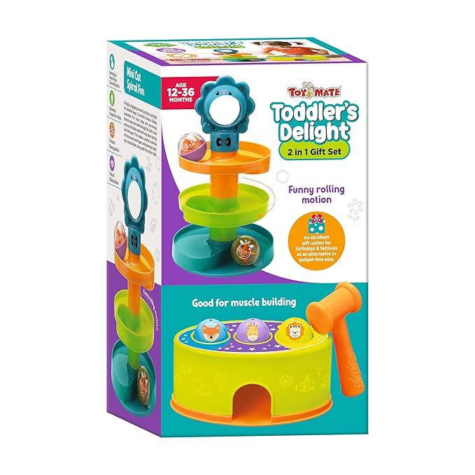 Toymate Toddler’s Delight 2-in-1 Gift Set Spiral Ball Ramp Tower & Pound-a-Ball Hammer Toy