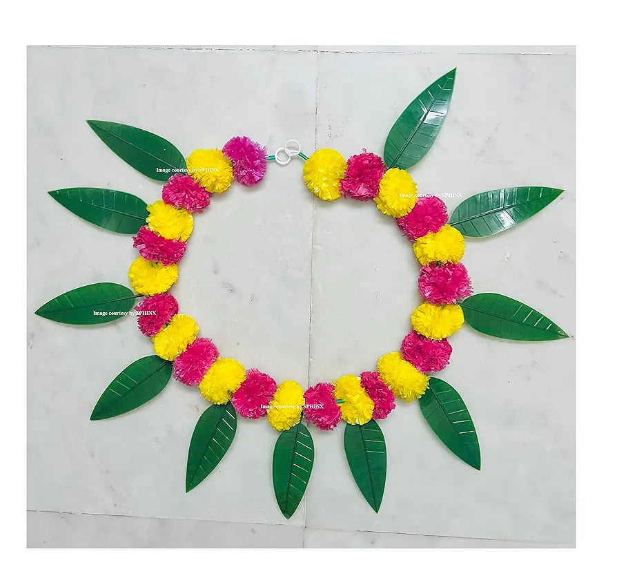 Artificial Marigold &Mango Leaves Simple Door-Window Toran Yellow and Dark Pink (Rani)
