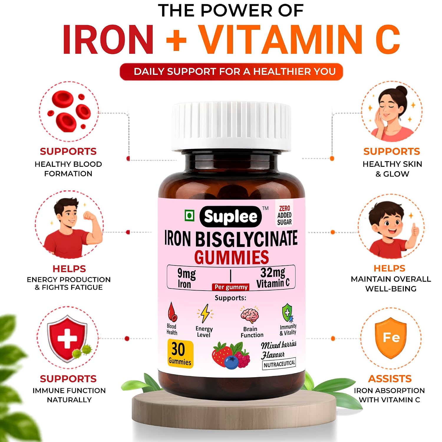 Suplee Chelated Iron Bisglycinate Gummies with Vitamin C Supplement | Mixed Berries Flavour, Zero Added Sugar, For Men, Women & Kids, 30 Gummies