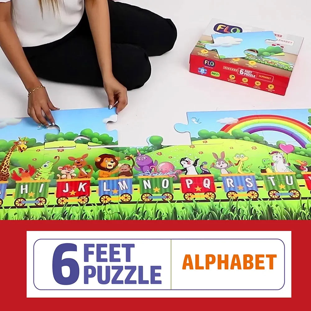FLO Toys 6 Feet Alphabet Floor Puzzle for Kids 24 Jumbo Pieces Train Theme ABC Learning Toy for Toddlers & Preschoolers Educational