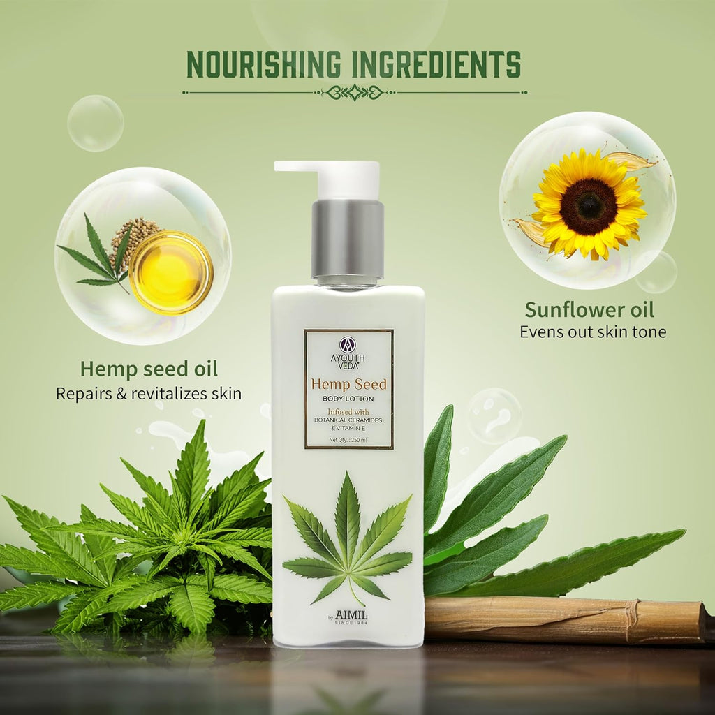 AYOUTHVEDA Hemp Seed Body Lotion with Botanical Ceramides 250ml | Body lotion for Dry Skin with Vitamin E | Suitable for All Skin Types | Protects from Sun Damage.