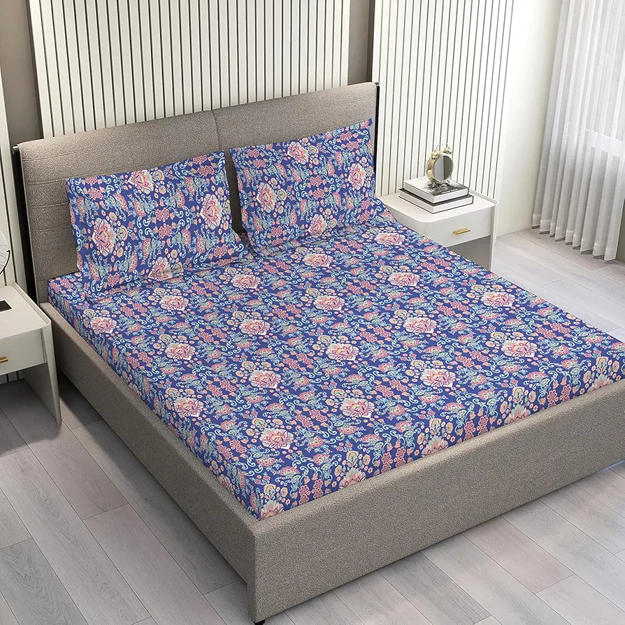 Layers Illuminating Homes Cotton Bedsheet Set for All Seasons Lightweight 140 TC Queen Size Blue Illuminating