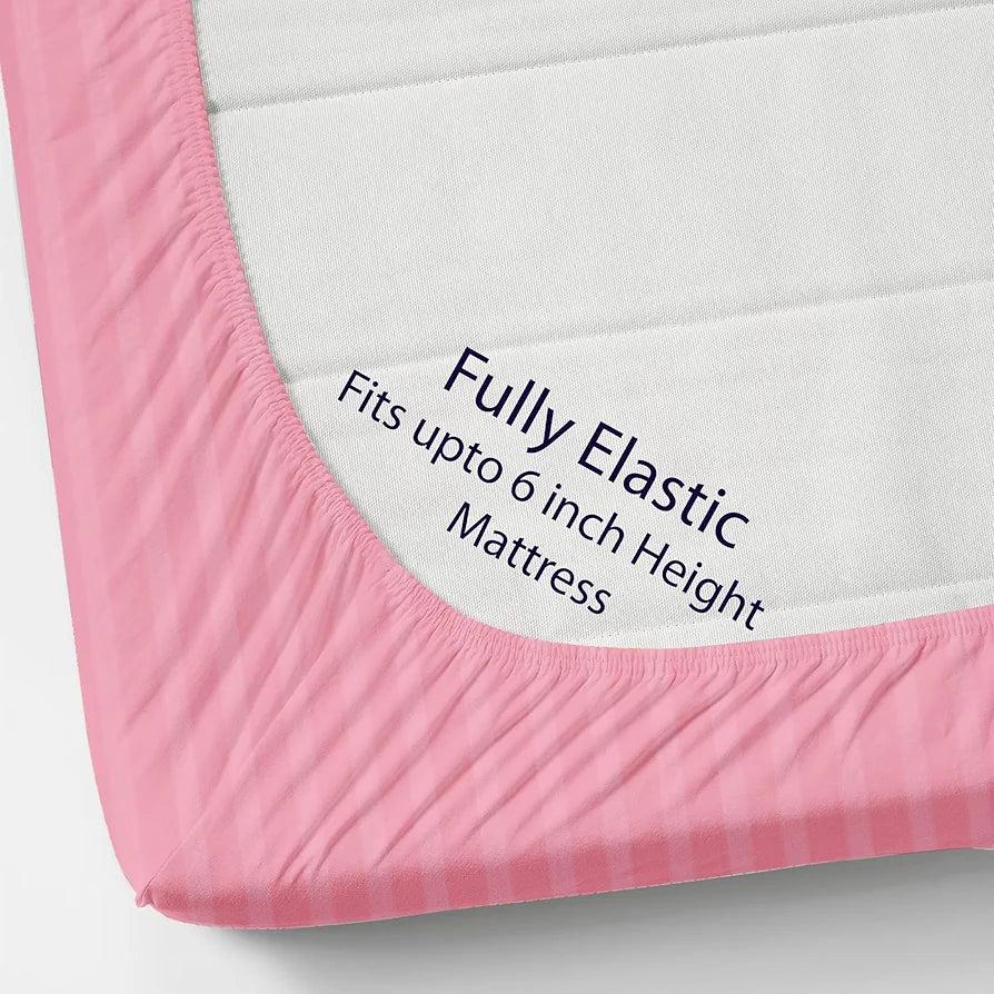 Homefab India 160 TC Stripe Cotton Feel Glace Cotton Elastic Fitted King Size Double Bed Bedsheet with 2 Pillow Covers Fits Upto 6 inches Mattress Baby Pink