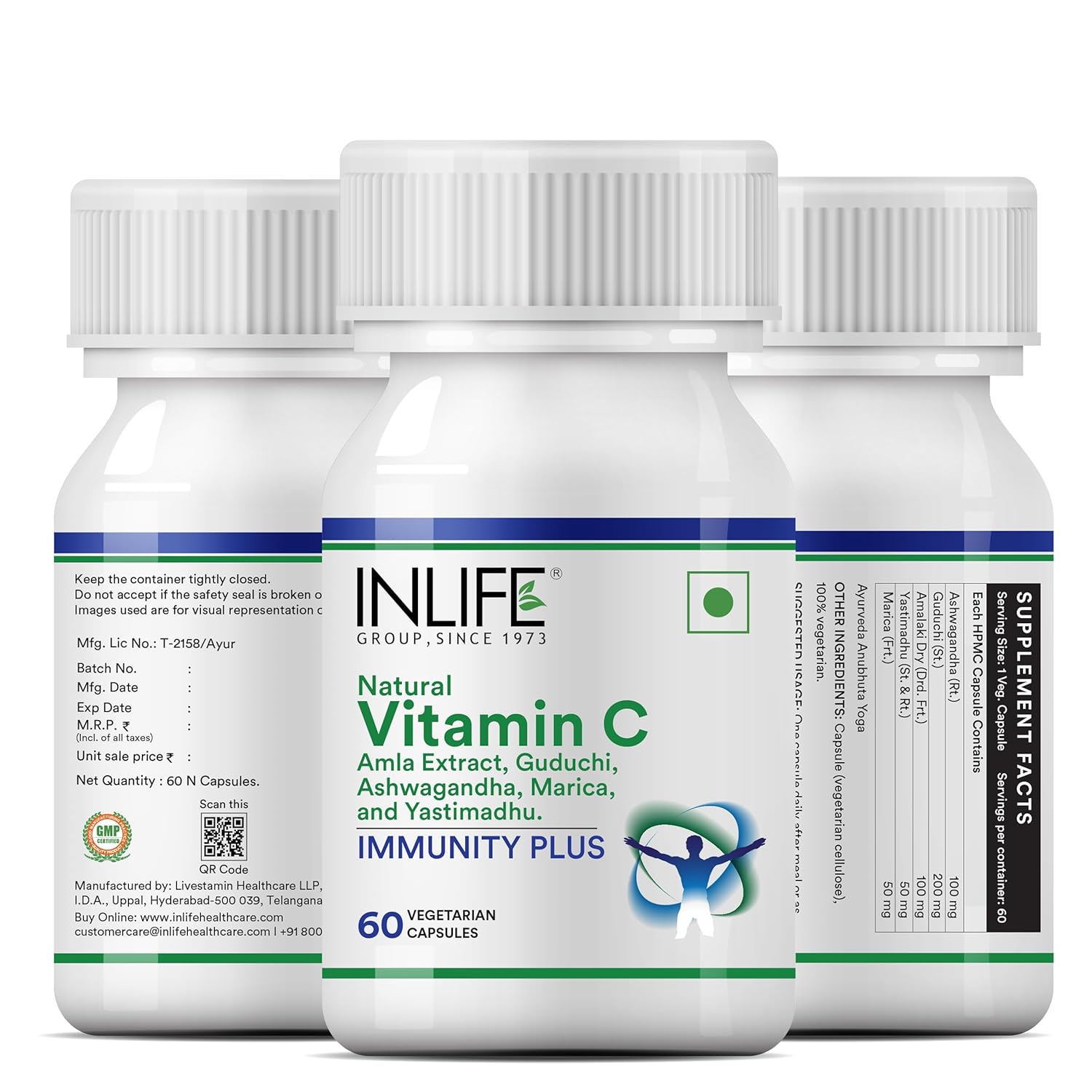 INLIFE Immunity Plus Supplement Natural Vitamin C (Amla) Guduchi Ashwagandha Marica Licorice Ayurvedic Herbal Formula - 60 Vegetarian Capsules