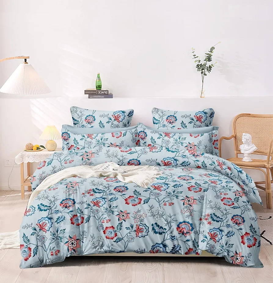 The Home Style Supersoft Cotton Feel Glace Cotton King Size Printed Flat Double Bedsheet wih 2 Pillow Cover 400 TC Bluebell Flower