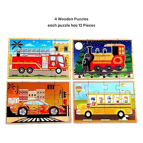 Skillofun Wooden Vehicle Jigsaw Puzzles in a Box 4 Puzzles Storage Box with lid
