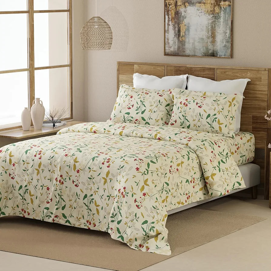 Layers Emaline Cotton King Bedsheet Set 1 King Cotton Bedsheet & 2 Pillow Covers Breathable & Anti-Wrinkle 144 TC Beige Floret Meadow