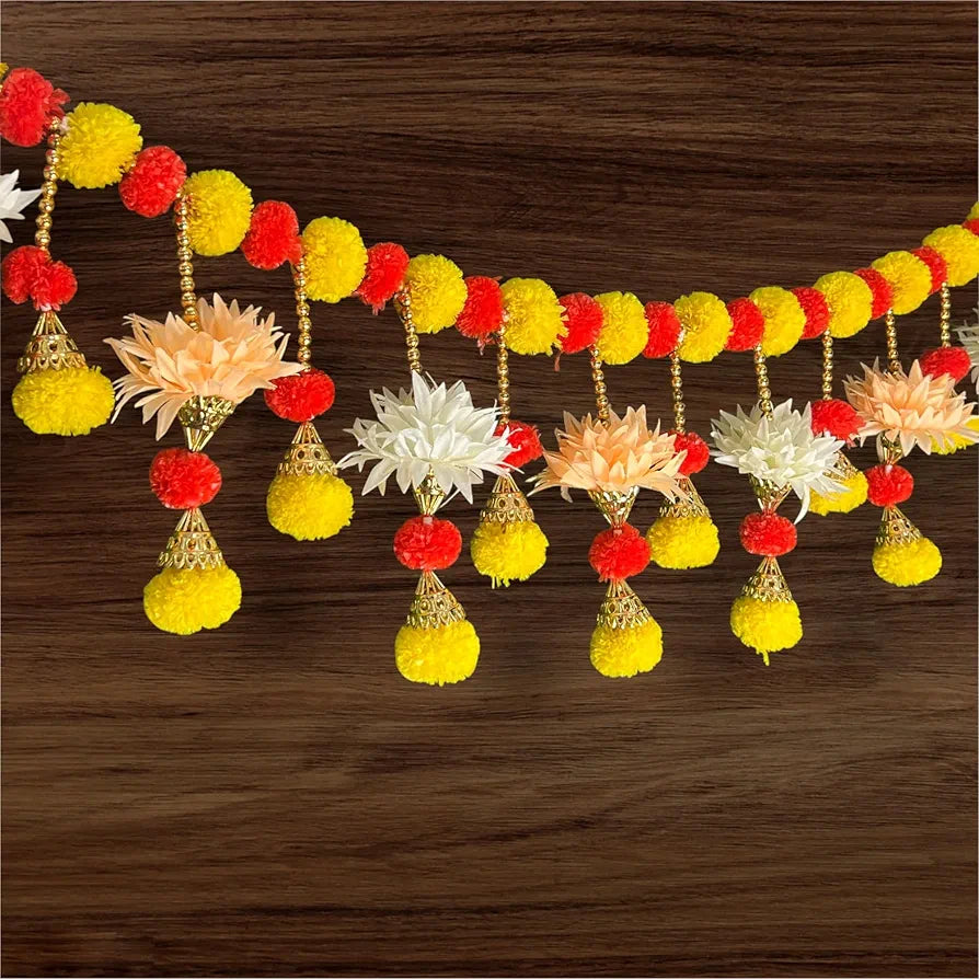 Handcrafted Decorative Bandanwar with Marigold Artificial Flowers Bells & Beads 40x9 Inches