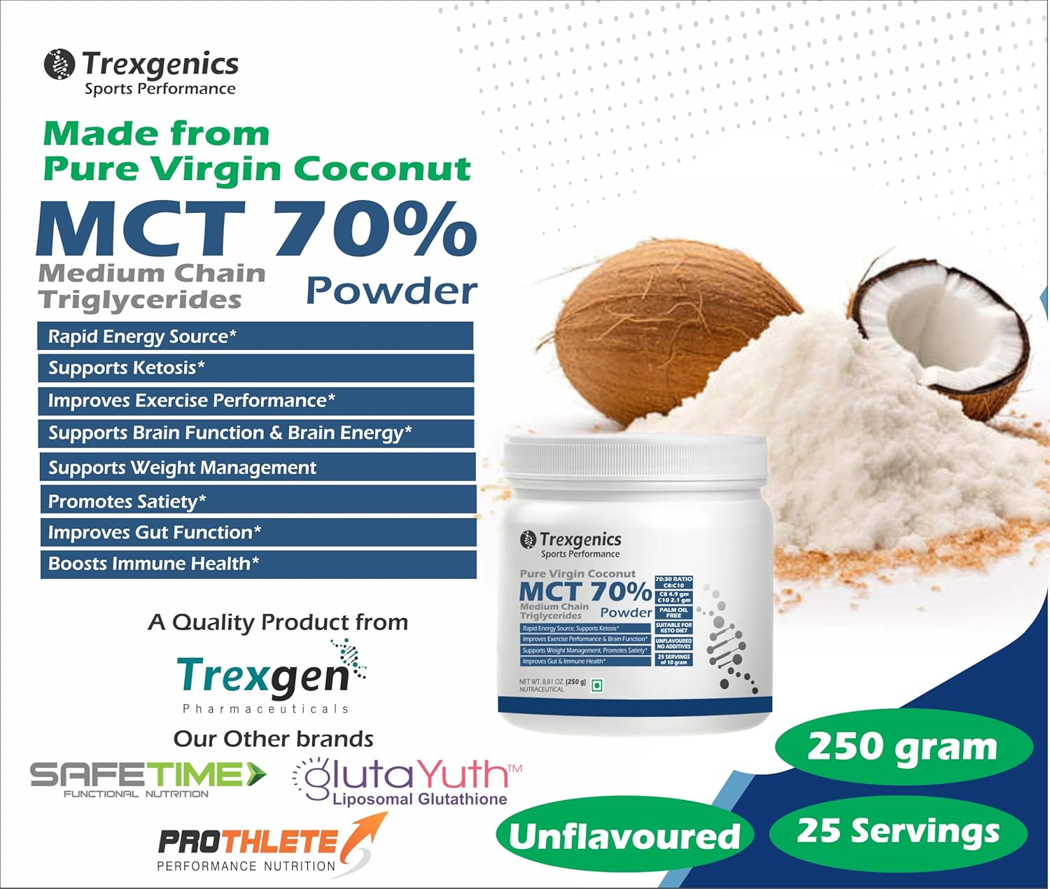 Trexgenics Pure MCT Medium Chain Triglycerides 70% Powder (from Virgin Cogonut) 70:30 C8:C10 Ratio, Rapid Energy, Ketosis Support (250 gram)