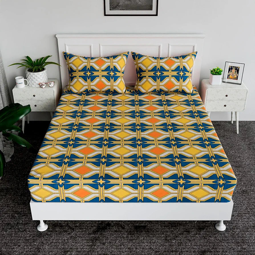 Kuber Industries Double Bedsheet Premium Cotton 120 TC Bedsheet with 2 Pillow Covers for Living Room and Bedroom Green & Orange
