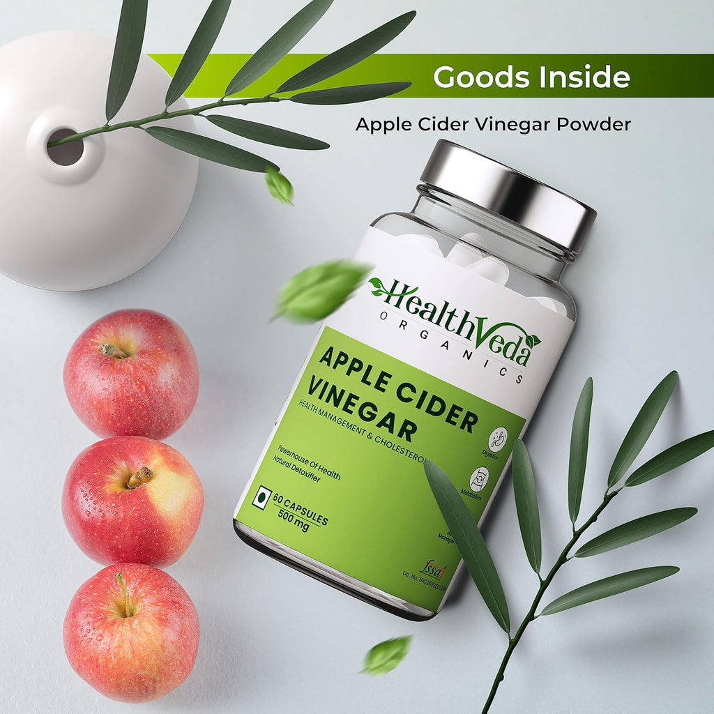 Health Veda Organics Apple Cider Vinegar 500 mg I 60 Veg Capsules I Weight Loss Management, Improves Cholesterol Levels & Supports Digestive Health I For both for Men & Women