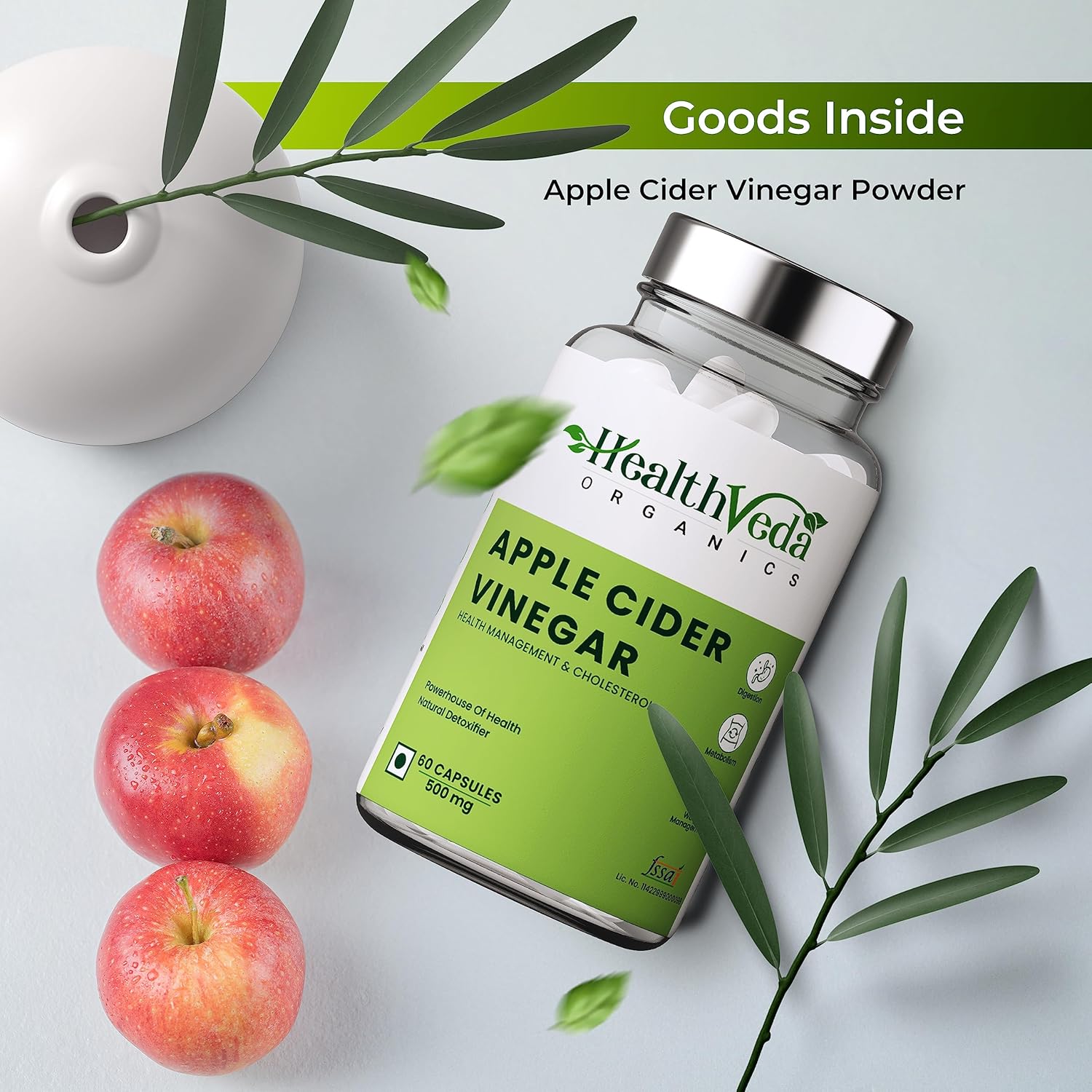 Health Veda Organics Apple Cider Vinegar 500 mg I 60 Veg Capsules I Weight Loss Management, Improves Cholesterol Levels & Supports Digestive Health I For both for Men & Women