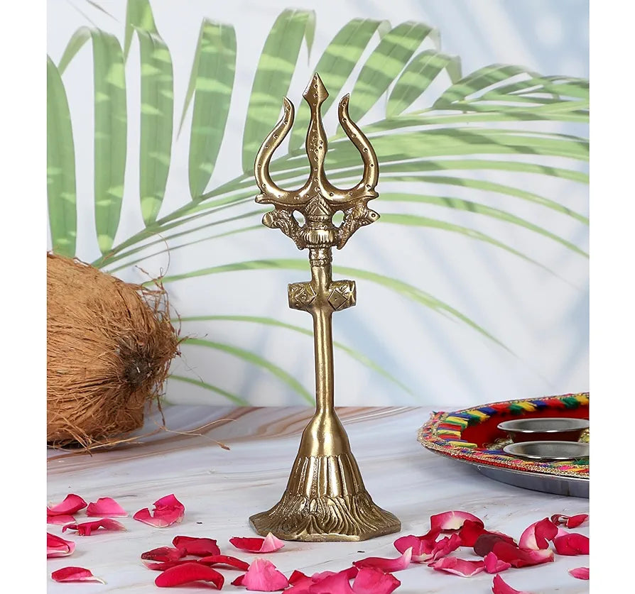 Two Moustaches 8 Inches Brass Shiva's Trishul with Damru Antique Finish