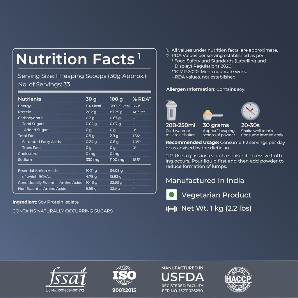 Nutrabay Pure Soy Protein Isolate Powder 26.2g Protein, 4.7g BCAA per Serving, NABL Lab Tested â€“ Easy to Digest, No Added Sugar, Vegan â€“ 1kg, Unflavoured | 100% Authentic & Clean Protein