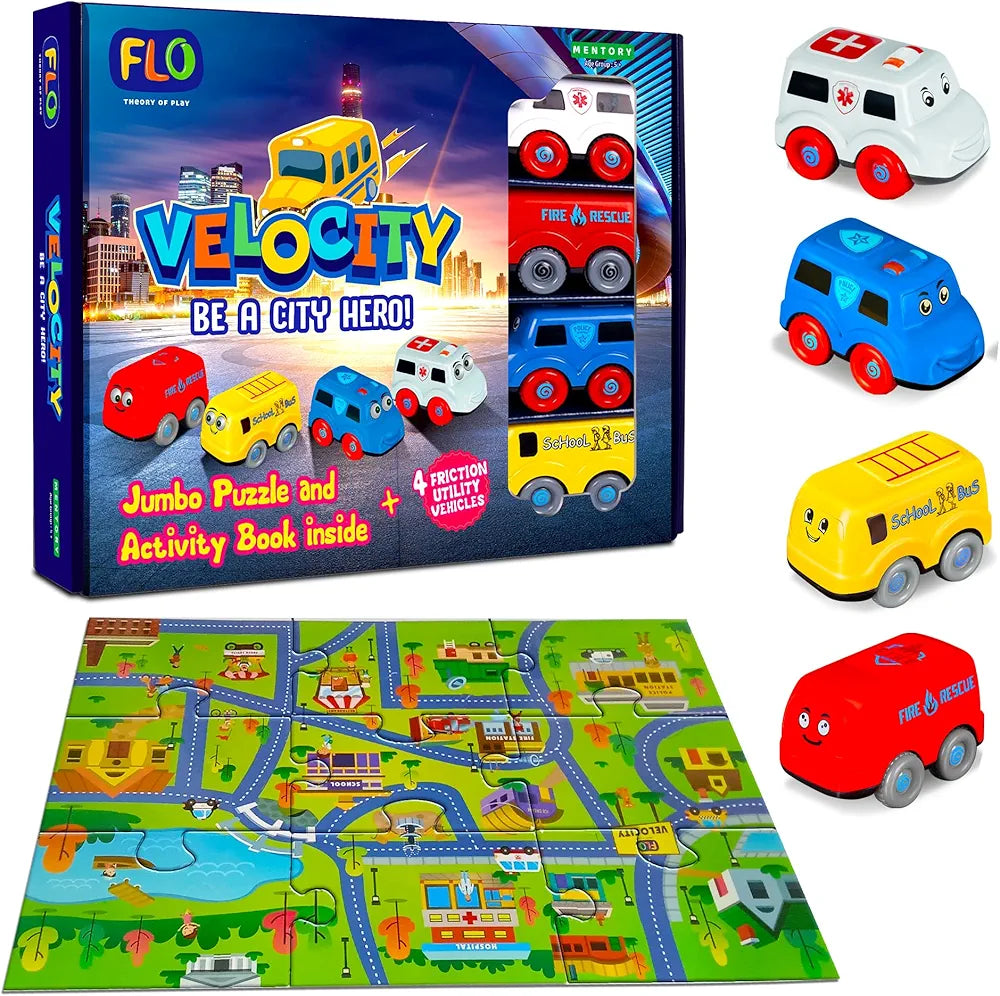 FLO Velocity Rescue Vehicle Puzzle Set 4-Piece Friction Cars  with 58x86 cm Floor Puzzle & Storybook STEM Adventure Toy for Boys & Girls Ages 5+