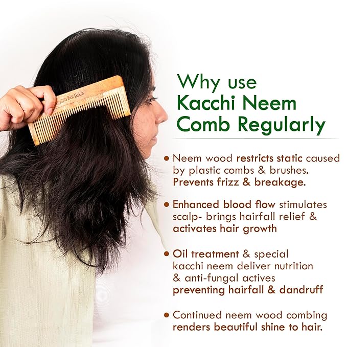 Nat Habit Kacchi Neem Comb Fine Tooth Styling & Wide Tooth Shampoo Combo, Soaked in 17 Herbs | Large Size