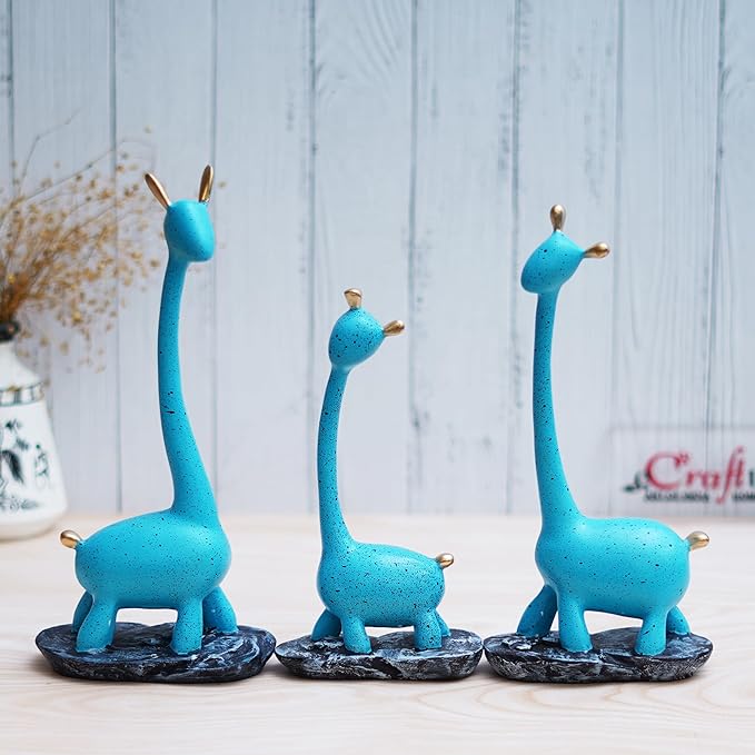Ecraftindia Set of 3 Blue Polyresin Cute Giraffe Statues Animal Figurines