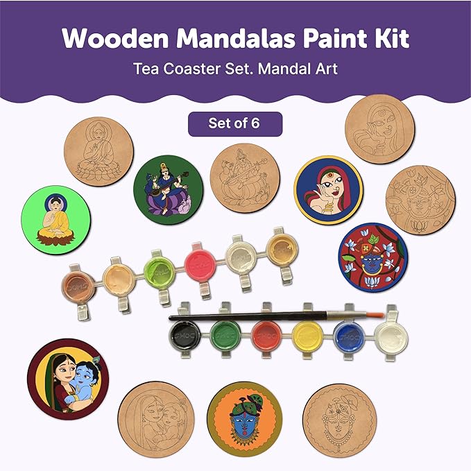 Mini Leaves Paint Your Own Mandala Art Coasters, Pack of 6 Coasters Diy Painting Craft Kit for Kids and Adults | Brown